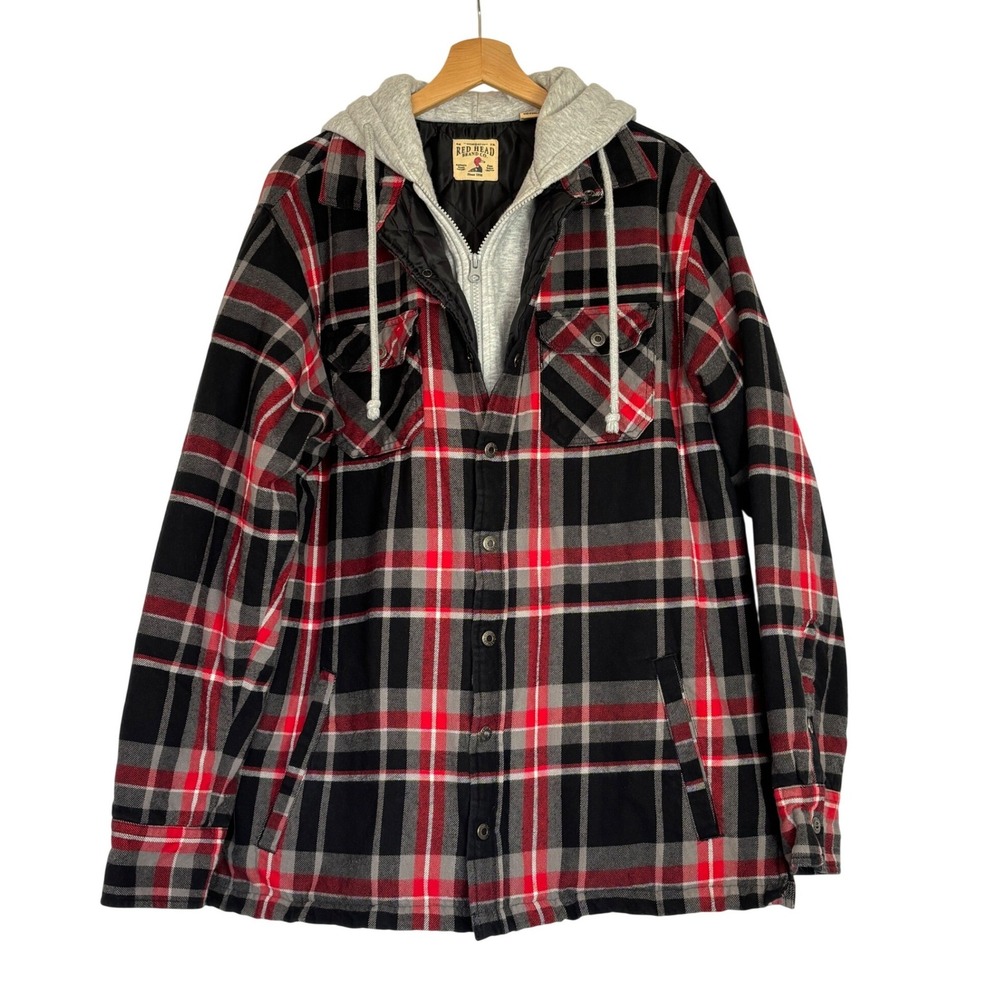 Red Head Mens Quilted Flannel Jacket Hooded Plaid Gorpcore LT Large Tall‎